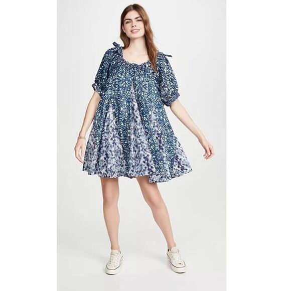 FREE PEOPLE Size S Jet Set Mini Dress Batik Blue The Off Shoulder Swing Pockets - Picture 2 of 9